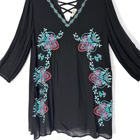 Anthropologie Entro Bohemian Black Colorful Embroidery Mini Dress Size Large - Picture 5 of 13